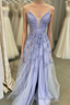 Lavender Tulle V-Neckline Long Party Dress, Lavender Straps Formal Prom Dress Formal Prom Dress