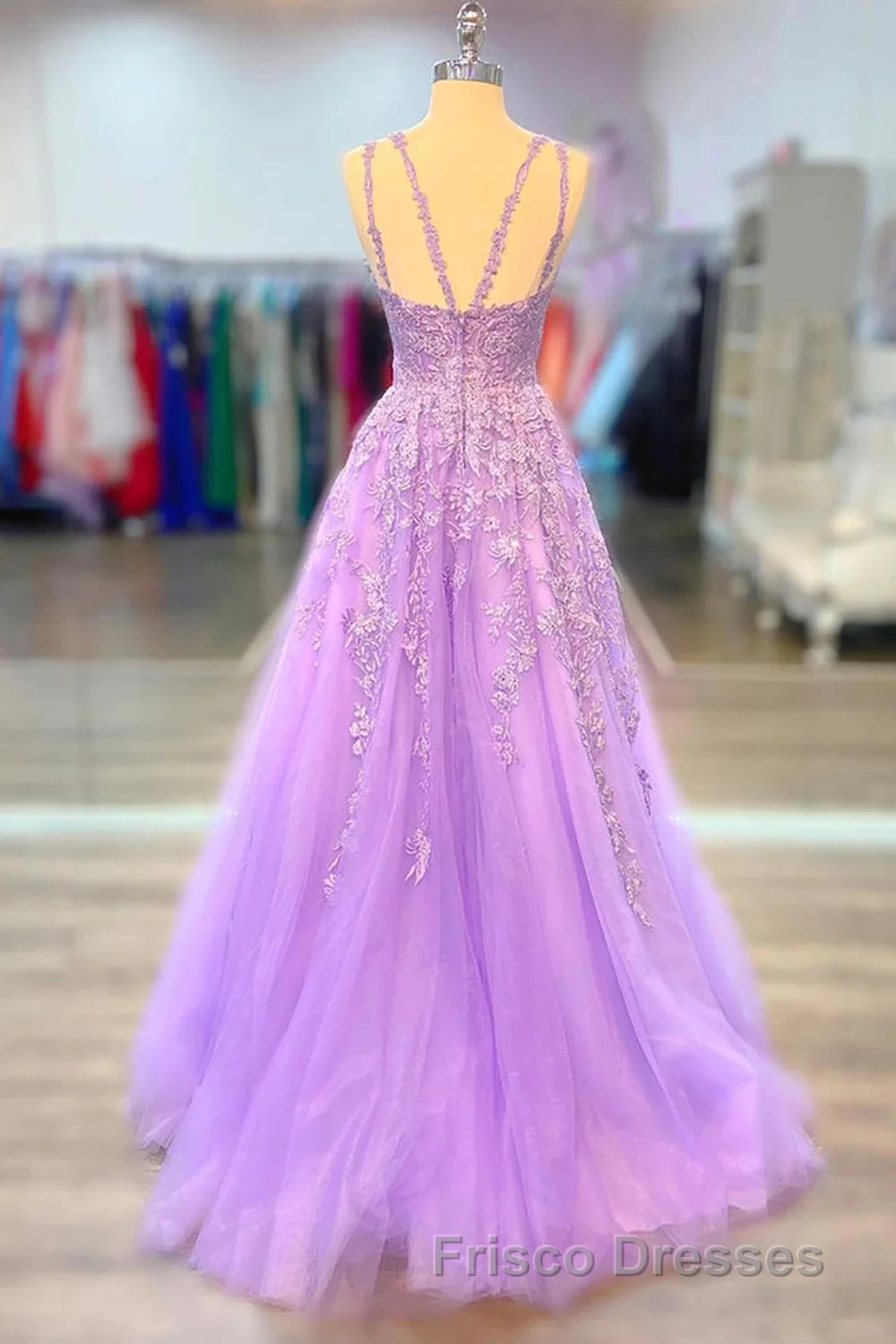 A-Line Tulle Princess Light Purple Formal Prom Dress With Appliques, Tulle Straps Formal Prom Dress Secondary image