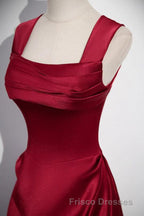 A-Line Sleeveless Wine Red Satin Evening Dress, Wine Red Long Formal Prom Dress