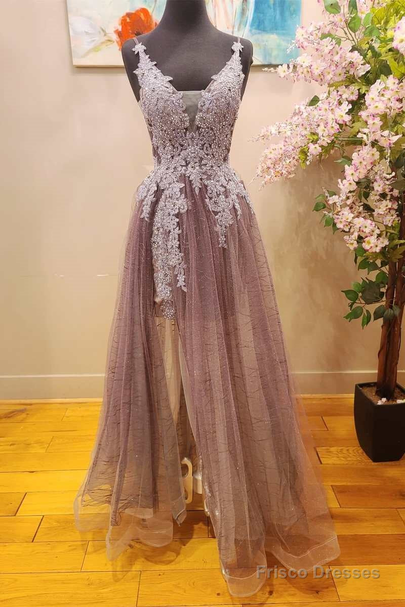 Mauve Tulle Lace Plunge V A-Line Prom Dress with Slit Main image