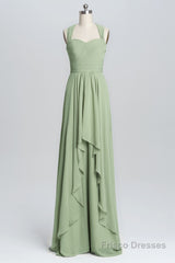 Halter Sage Pleated Ruffles Long Bridesmaid Dress