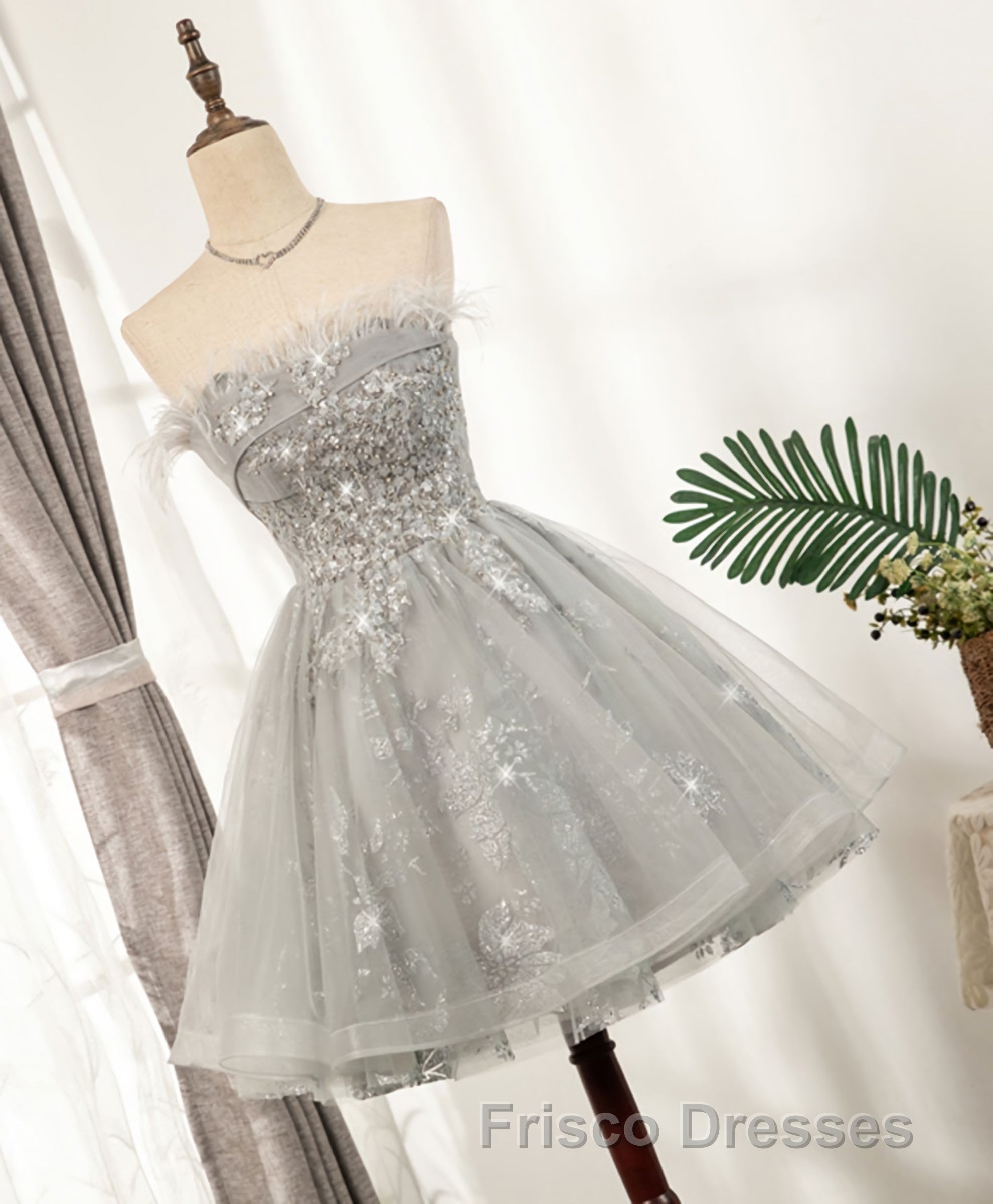 Gray Sweetheart Lace Tulle Short Formal Prom Dress, Gray Cocktail Dress Secondary image