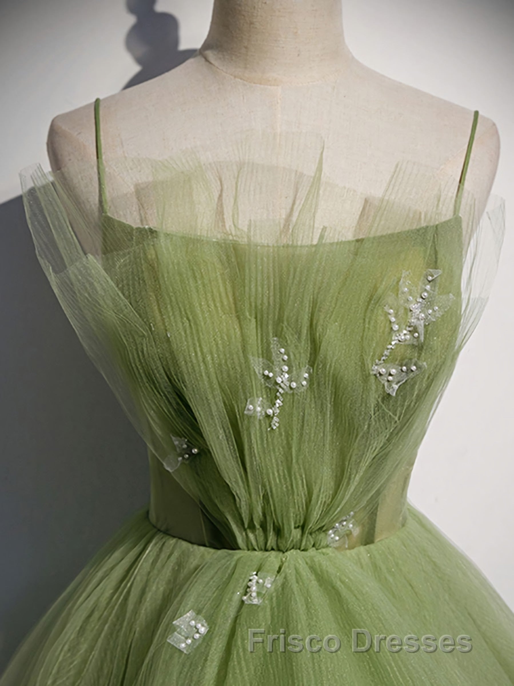 Green Tulle Long Formal Prom Dress, Green Tulle Formal Prom Dress