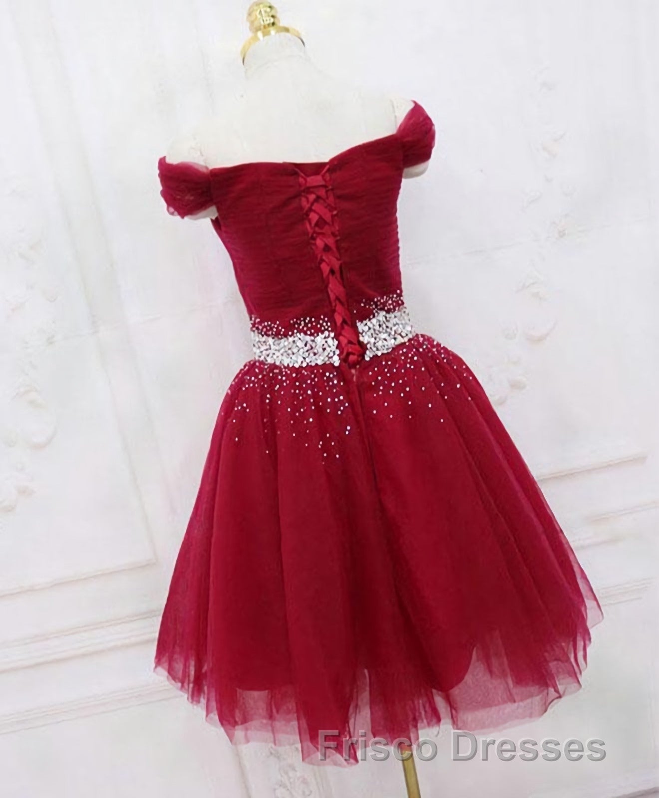Burgundy Tulle Sequin Short Formal Prom Dress, Burgundy Homecoming Dress, 1