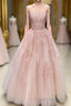 Lace Appliques Pink A LineTulle Long Formal Prom Dress With Straps