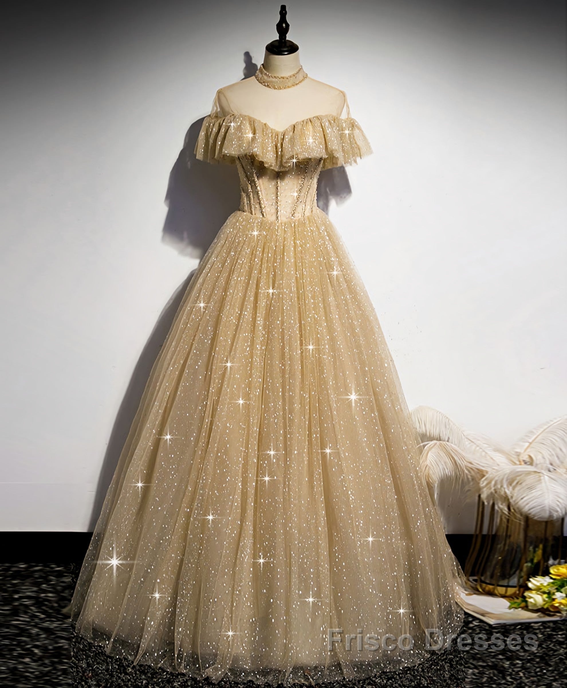 Gold Tulle Sequin Long Prom Dress, Gold Tulle Bridesmaid Dress Main image