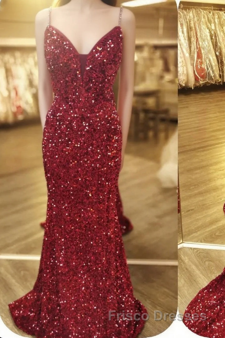 Mermaid Red Sequin V-Neck Lace-Up Back Formal Prom Dress Main image