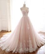 Pink Sweetheart Lace Tulle Long Formal Prom Dress, Lace Pink Evening Dress