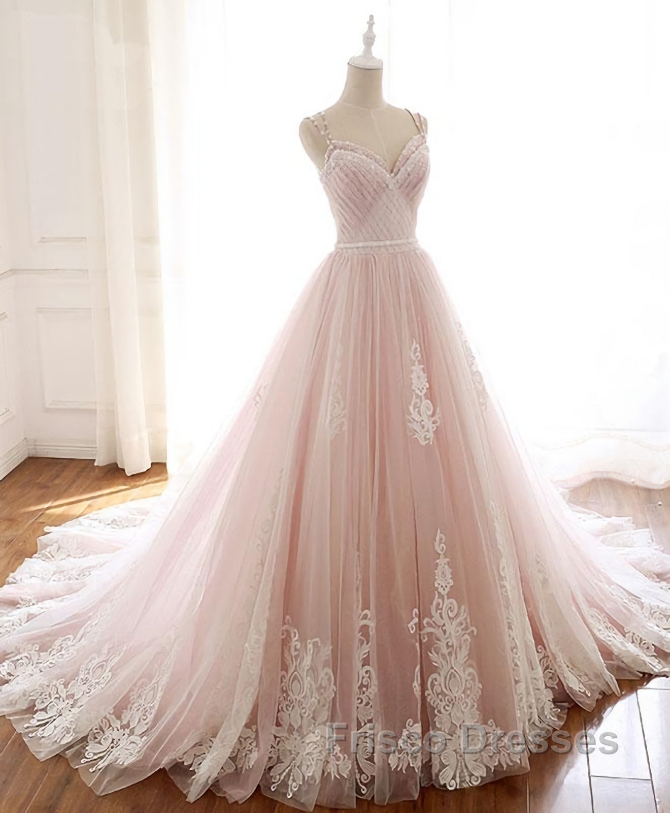 Pink Sweetheart Lace Tulle Long Formal Prom Dress, Lace Pink Evening Dress