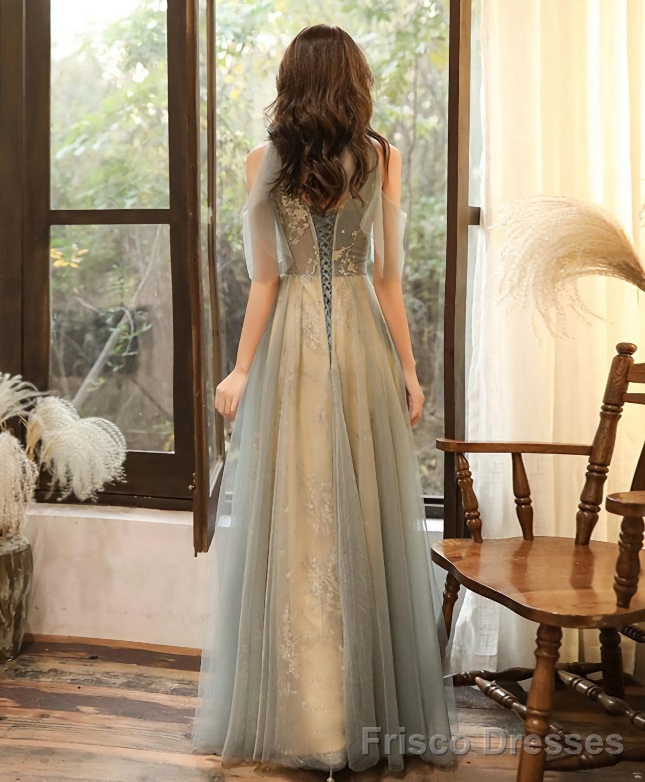 Green Tulle Hight Neck Tulle Lace Long Prom Dress Tulle Formal Dress Secondary image