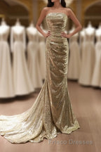 Gold Sequins Mermaid Scoop Long Evening Dress, Gold Long Formal Prom Dress Party Dress