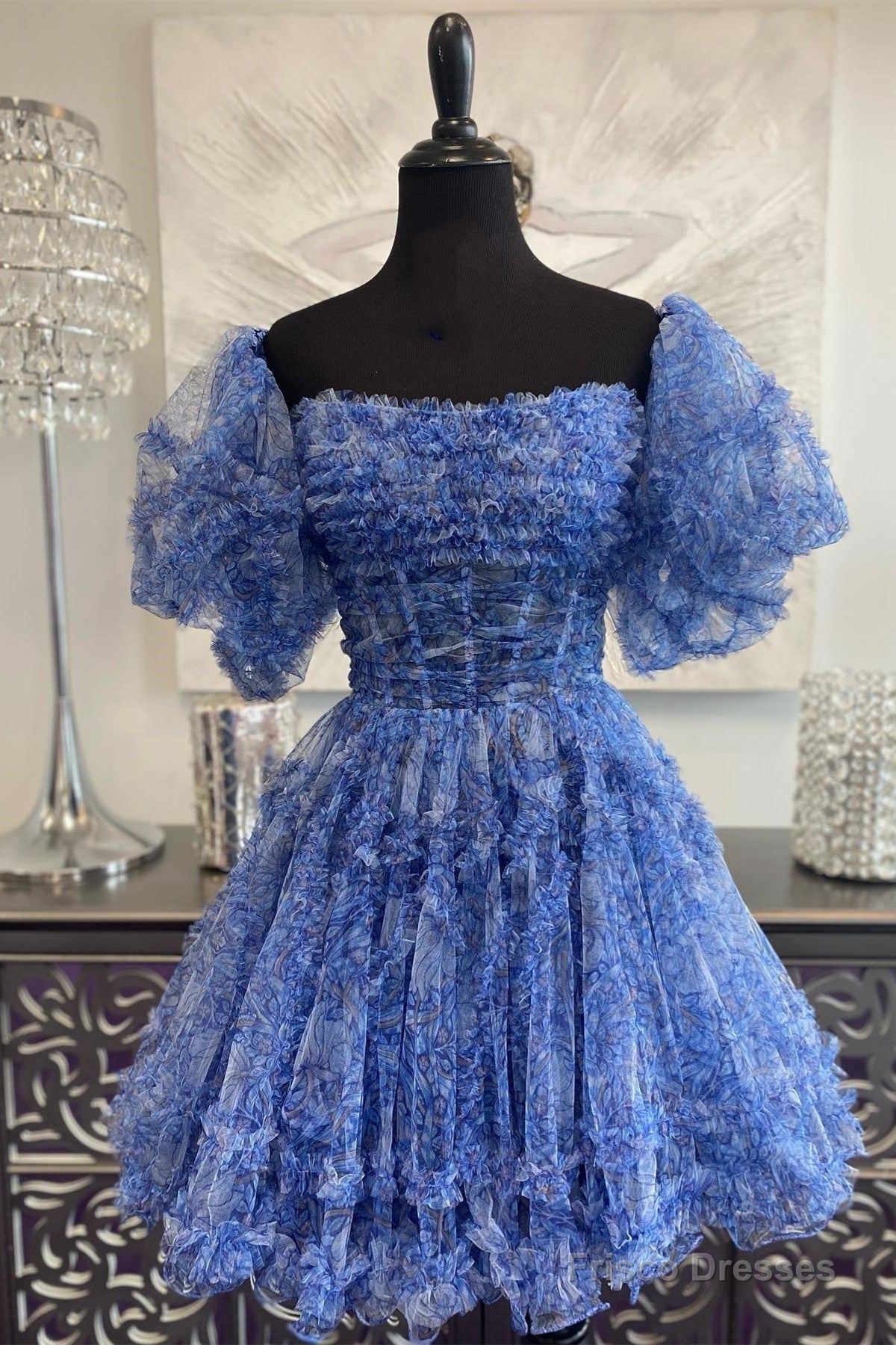 Blue Puff Sleeves Ruffles A-line Prints Homecoming Dress Main image