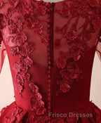 Burgundy Lace Satin Long Formal Prom Dress, Burgundy Lace Evening Dress