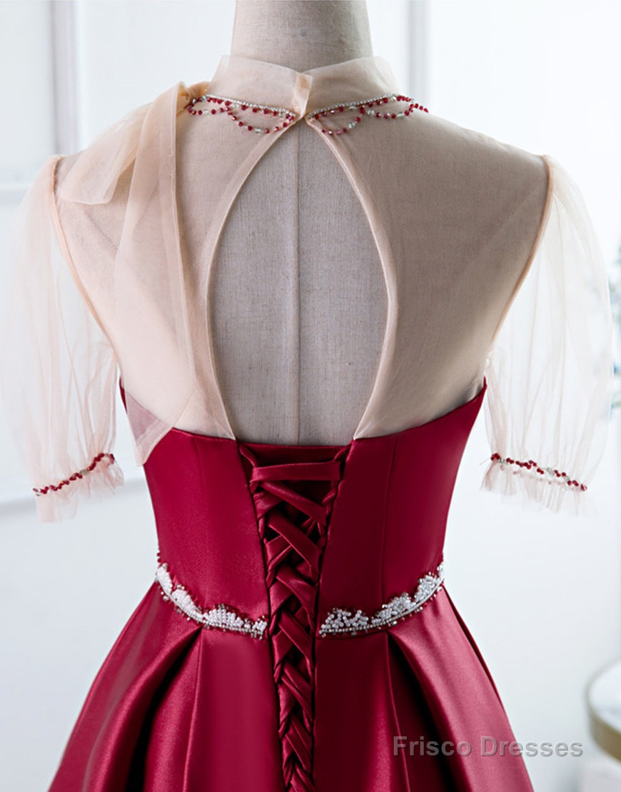 Red A-Line Round-Neck Evening Dress with Beading