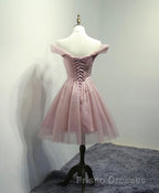 Simple V Neck Tulle Off Shoulder Short Formal Prom Dress, Pink Homecoming Dress