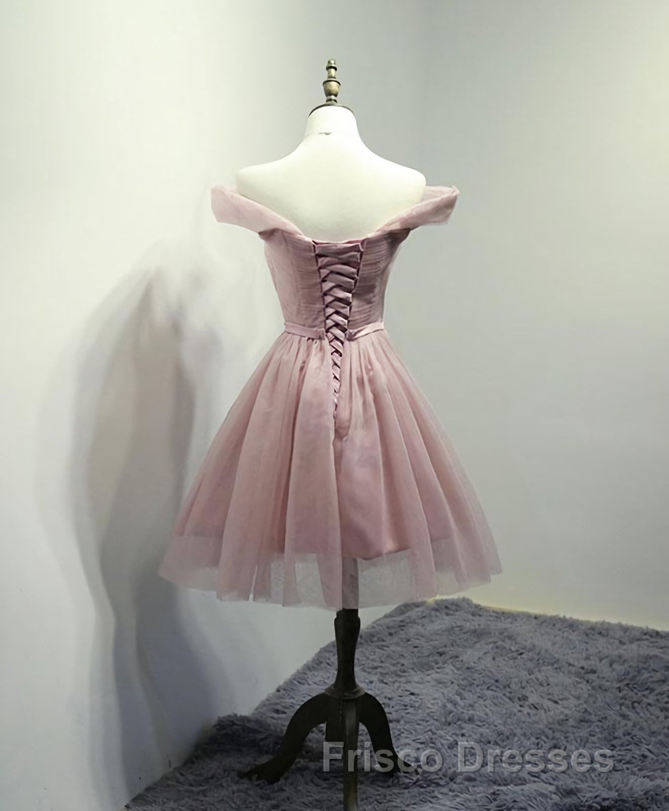 Simple V Neck Tulle Off Shoulder Short Formal Prom Dress, Pink Homecoming Dress