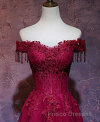 Burgundy Tulle Lace Off Shoulder Long Formal Prom Dress, Burgundy Lace Evening Dress