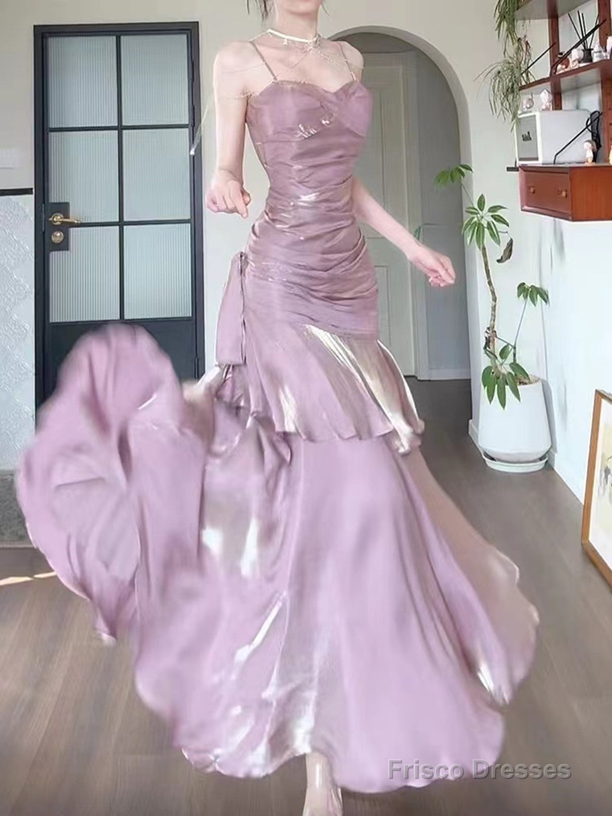 Pink Satin Straps Long Party Dress, Pink Satin Chic Prom Dress Evening Dress Main image