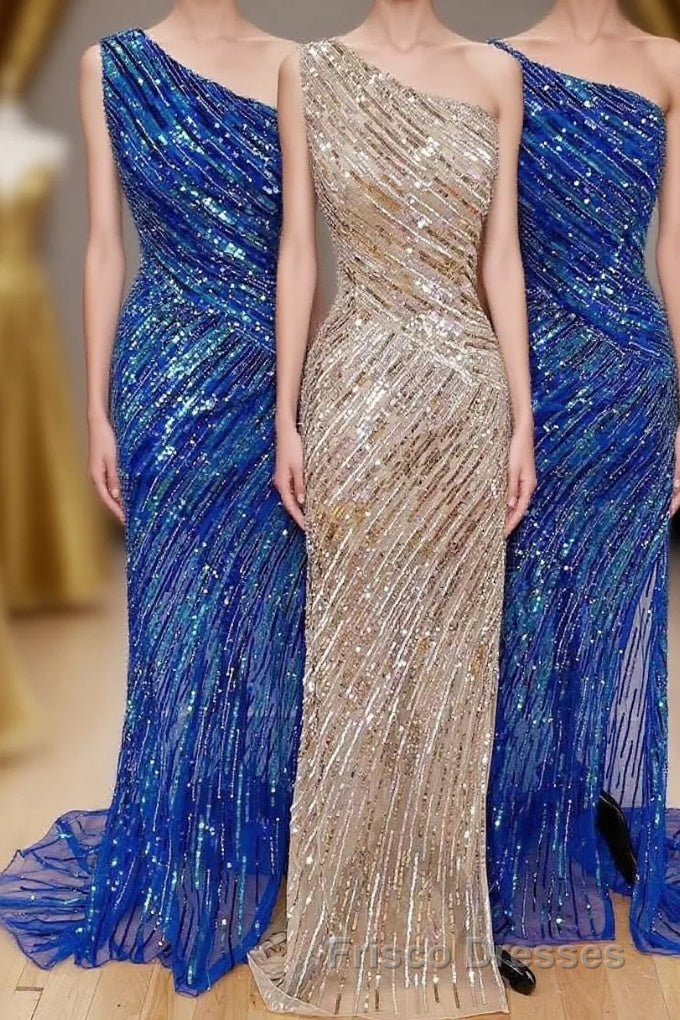Sequins One-Shoulder Mermaid Long Formal Prom Dress with Slit