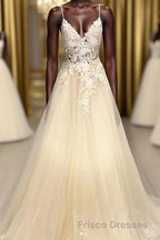 Champagne V Neck Tulle Lace Long Formal Prom Dress Evening Dress