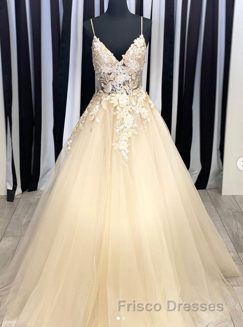 Champagne V Neck Tulle Lace Long Formal Prom Dress Evening Dress Secondary image