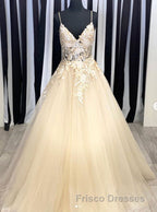 Champagne V Neck Tulle Lace Long Formal Prom Dress Evening Dress