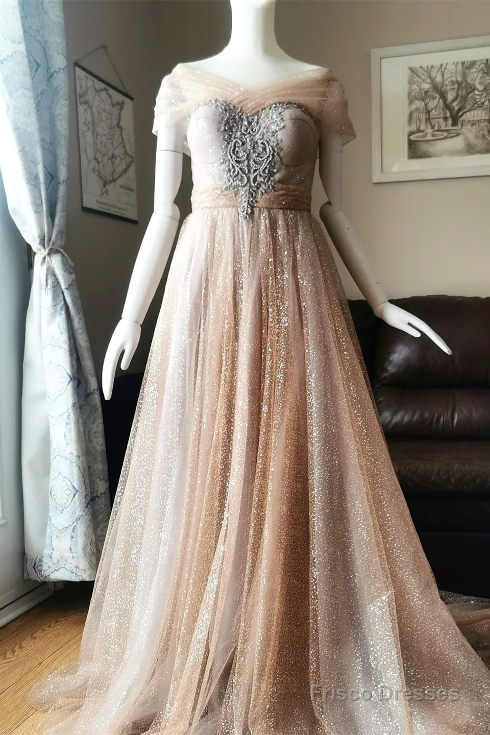 Blushing Pink A-line Illusion PortraitBeaded Appliques Lace-Up Long Prom Dress Main image