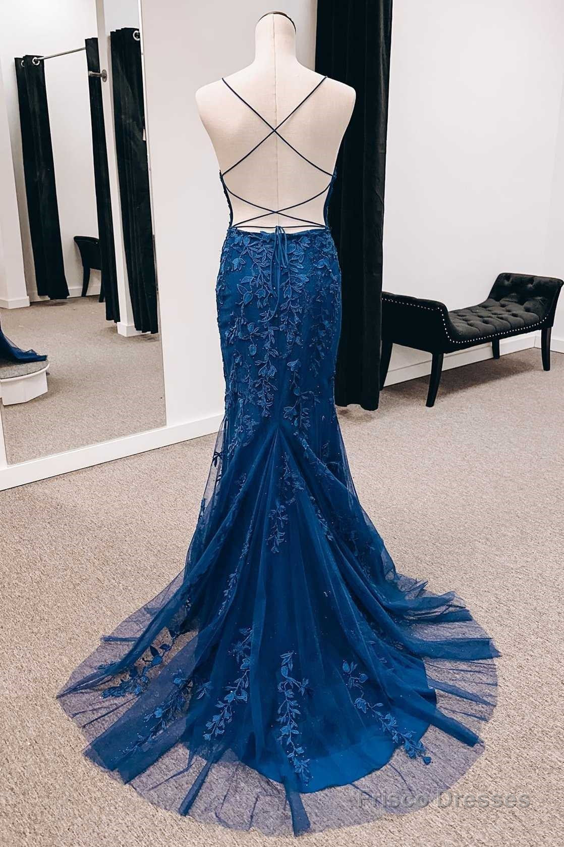 Navy Appliques Lace-Up Back Mermaid Long Formal Dress with Slit Secondary image