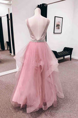 Pink A-line V Neck Tulle Layers Long Prom Dress with Bleaded Sash