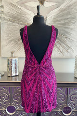 Fuchsia Plunging V Neck Sequins-Embroidery Sheath Homecoming Dress