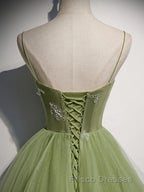 Green Tulle Long Formal Prom Dress, Green Tulle Formal Prom Dress