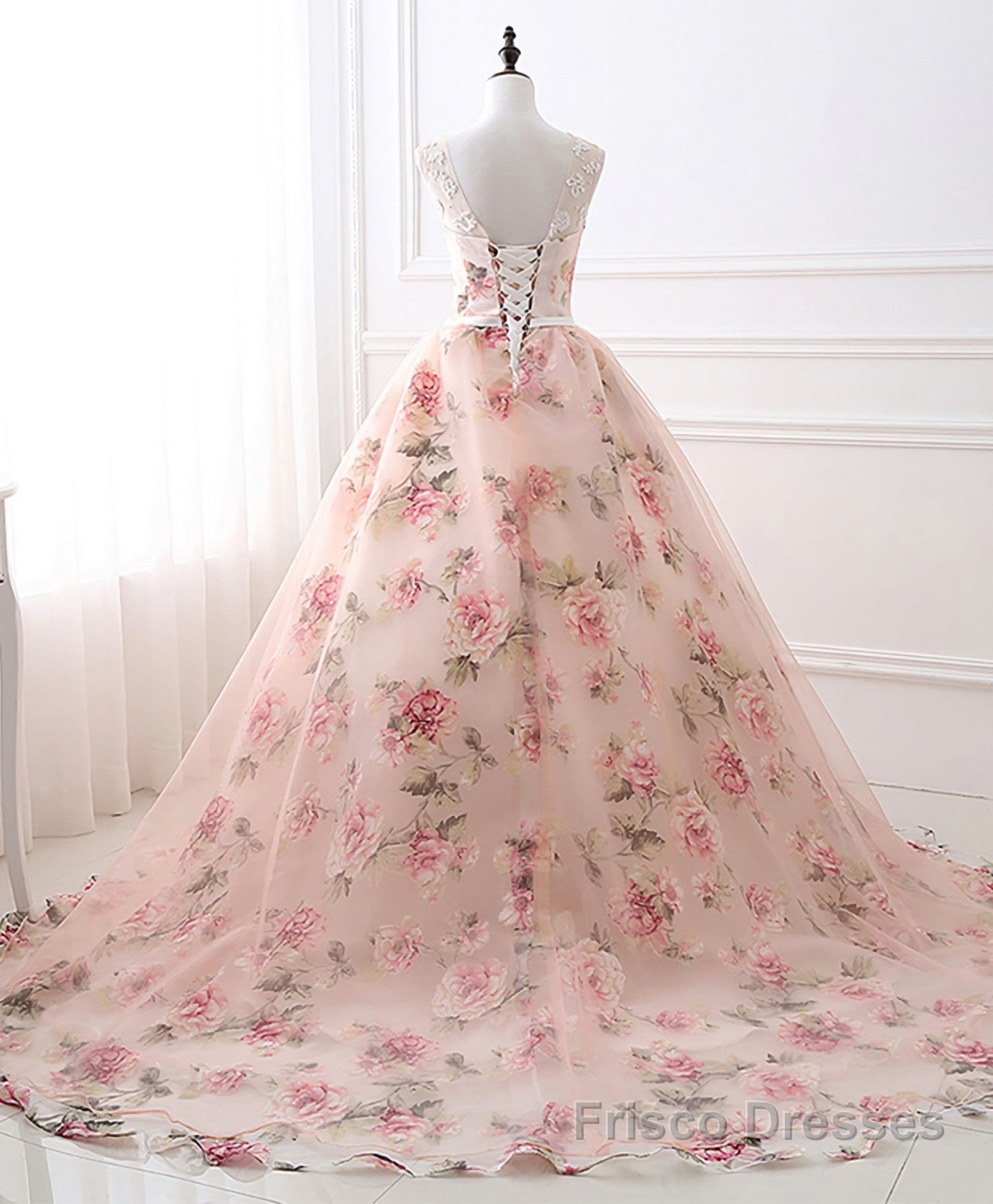 Pink Round Neck Tulle Lace Long Prom Dress, Pink Long Evening Gown Secondary image