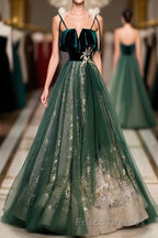 Green Tulle Lace Long Formal Prom Dress, Green Tulle Lace Formal Prom Dress, 1