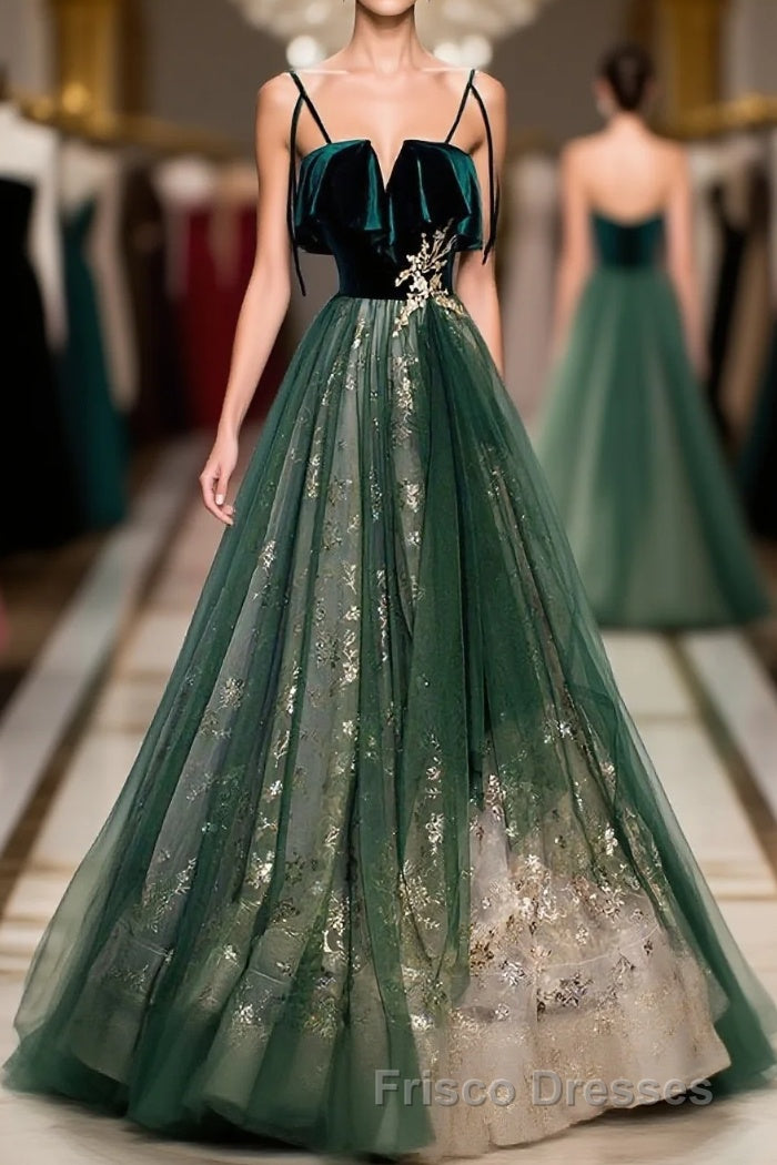 Green Tulle Lace Long Formal Prom Dress, Green Tulle Lace Formal Prom Dress, 1