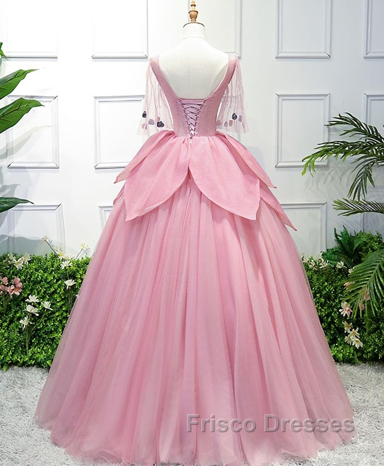 Pink V Neck Tulle Lace Applique Long Formal Prom Dress, Pink Evening Dress, 1 Secondary image