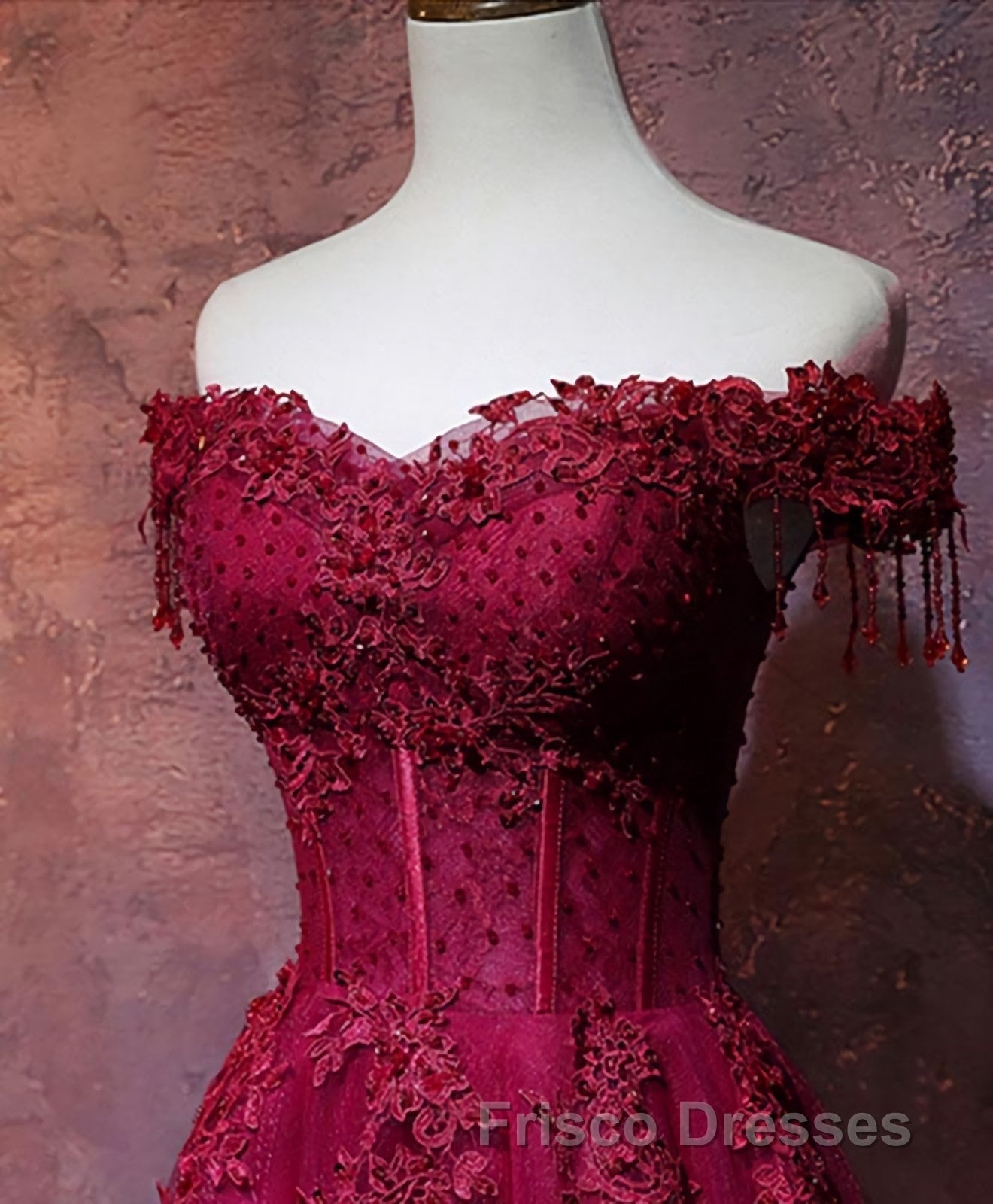 Burgundy Tulle Lace Off Shoulder Long Formal Prom Dress, Burgundy Lace Evening Dress