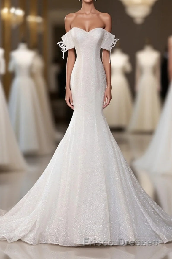 White Sequin Mermaid Long Formal Prom Dress, White Wedding Dress Main image