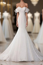 White Sequin Mermaid Long Formal Prom Dress, White Wedding Dress