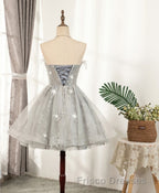 Gray Sweetheart Lace Tulle Short Formal Prom Dress, Gray Cocktail Dress