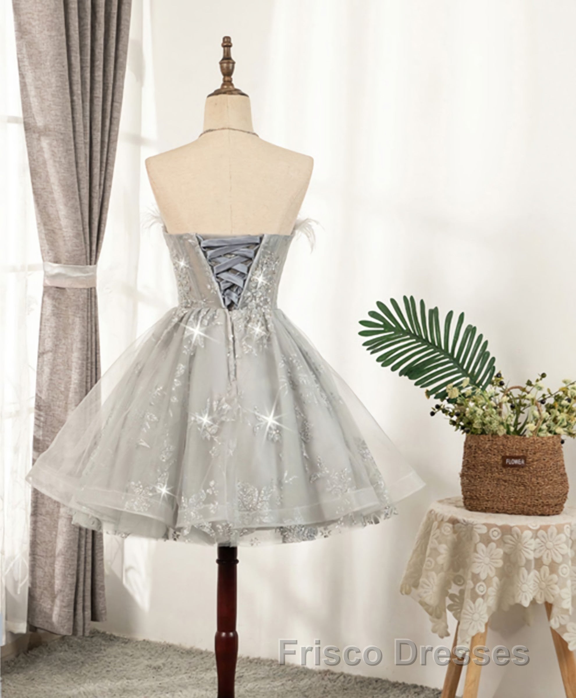 Gray Sweetheart Lace Tulle Short Formal Prom Dress, Gray Cocktail Dress