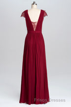 Wine Red A-line Chiffon Long Bridesmaid Dress with Cap Sleeves