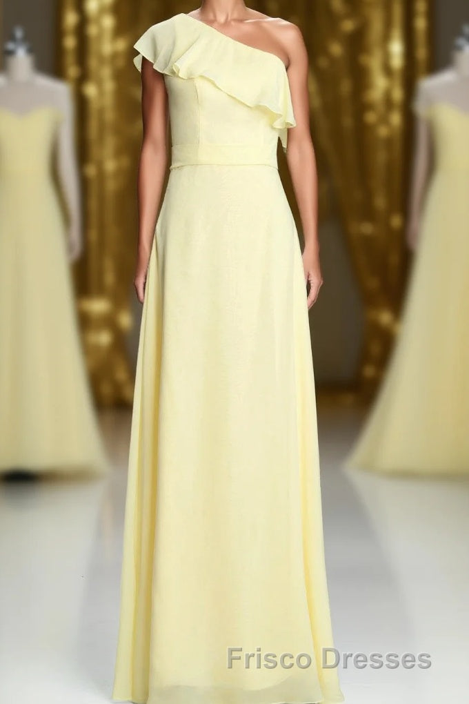 One Shoulder Yellow Ruffles A-line Long Bridesmaid Dress Main image