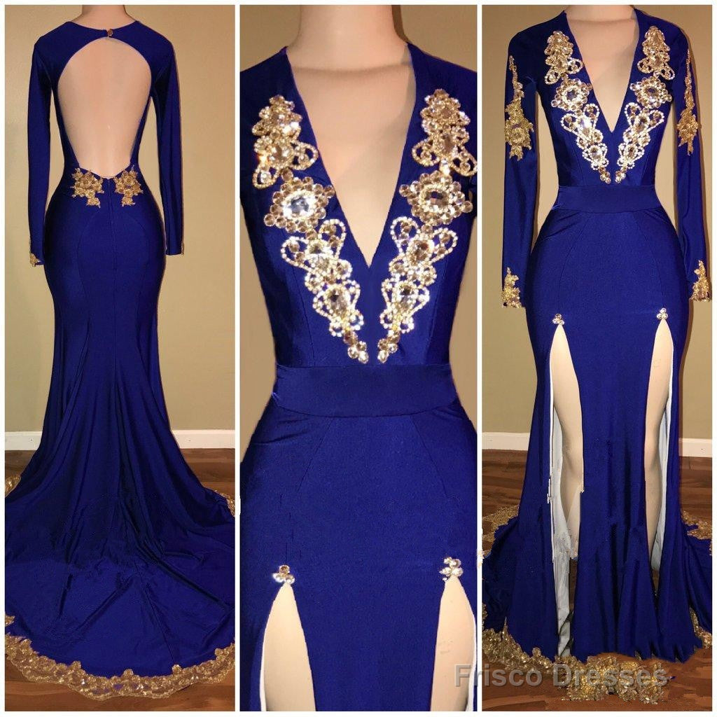 Amazing Royal Blue Sheath Slit Deep V Neck With Gold Beaded Backless Long Sleeves Long Prom Dresses Main image