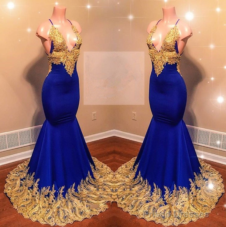 Amazing Royal Blue Mermaid With Gold Appliques Sweetheart Spaghetti Straps Backless Prom Dresses