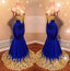 Amazing Royal Blue Mermaid With Gold Appliques Sweetheart Spaghetti Straps Backless Prom Dresses