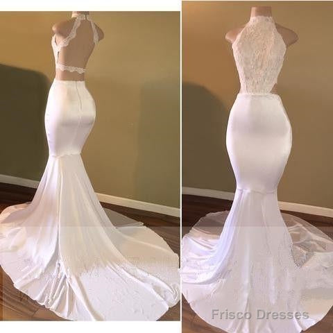 White Mermaid Backless Long African High Neck Lace Long Prom Dresses Main image