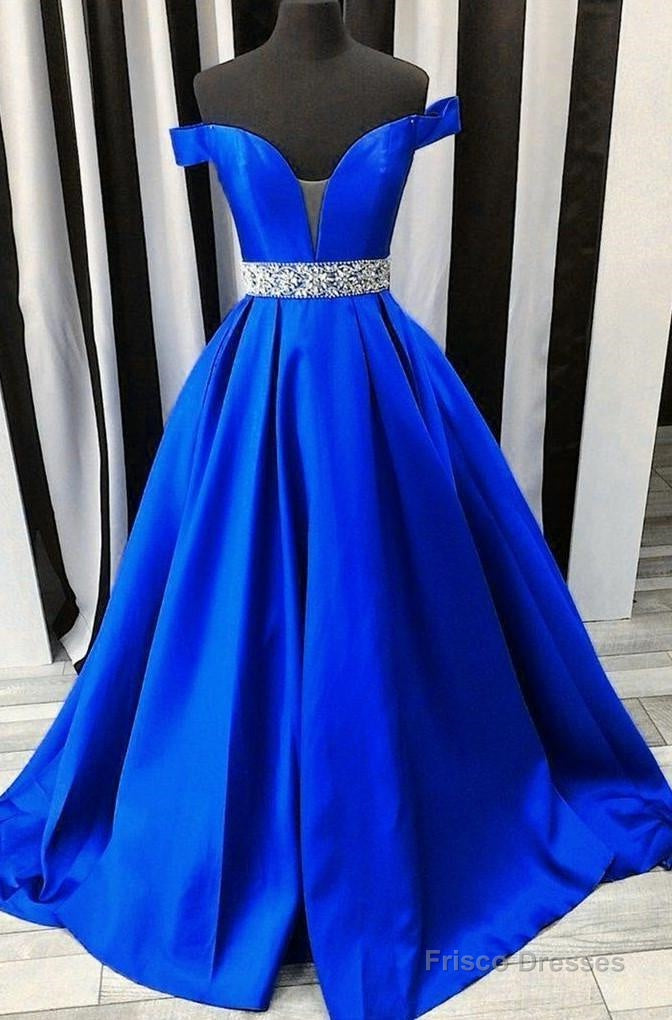 2025 New Arrival A Line Satin Royal Blue Sweetheart Off Shoulder Beaded Long Prom Dresses Main image
