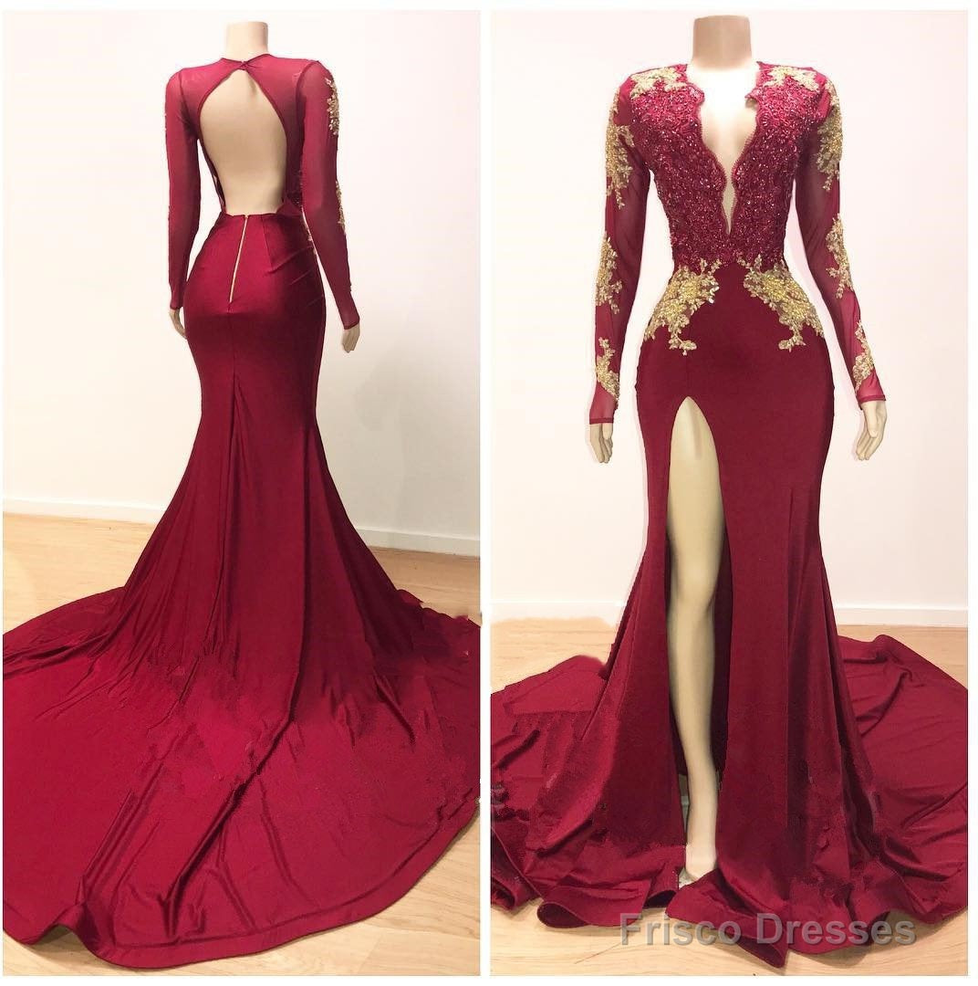 2025 Sexy Sheath Long Sleeves Burgundy and Gold Appliques Side Slit Deep V Neck African American Backless Prom Dresses Main image