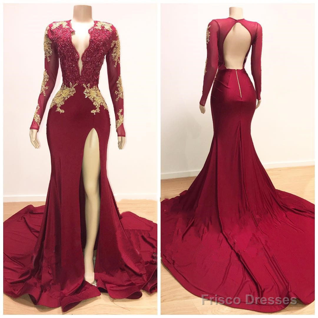 2025 Sheath Long Sleeves Burgundy and Gold Appliques Side Slit Deep V Neck African American Backless Prom Dresses Main image