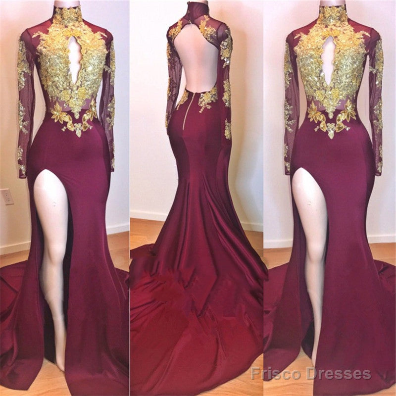 2025 Amazing Burgundy and Gold Appliques Long Sleeves High Neck Side Slit African American Prom Dresses Main image